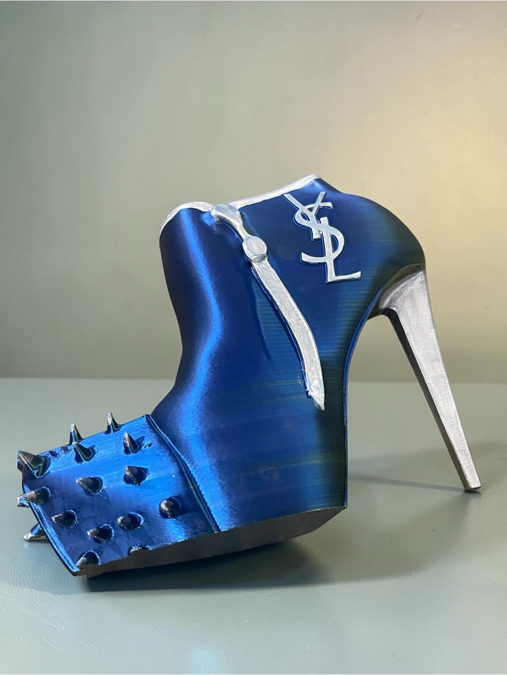 3d Hand Crafted YSL Logo Green & Blue Metallic Silver Spike-Heel Accent Stiletto - Picture 11 of 15